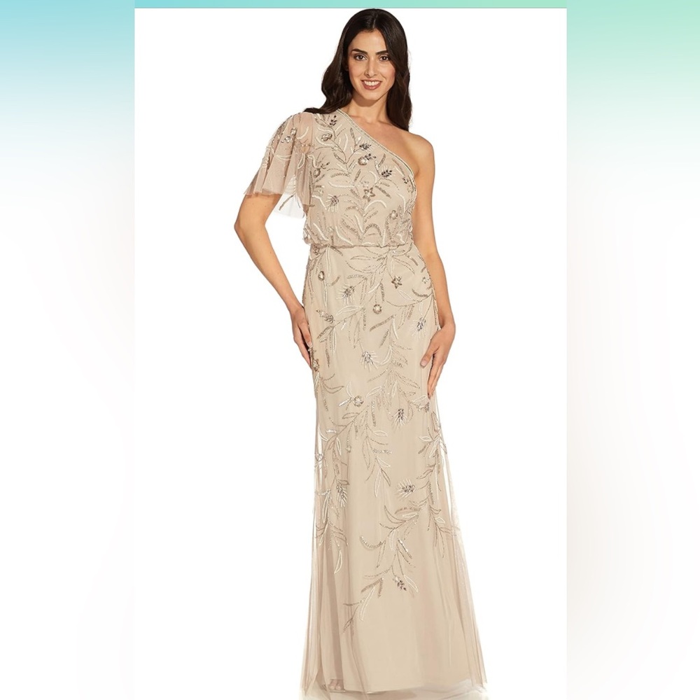 Adrianna Papell Beaded One Shoulder Gown in Biscotti. Size 0 NWT